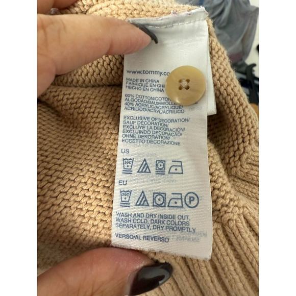 y2k Vintage Tommy Hilfiger Tan Cable Knit Fisherman Sweater Turtle Neck Womens S - Picture 9 of 10